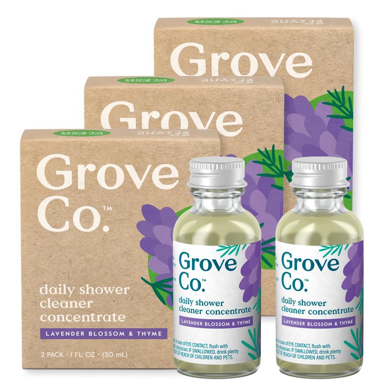 Grove Co. Daily Shower Cleaner Refill Concentrate (6 x 1 Fl Oz), Creates 32 Oz Cleaner, Removes Soap Scum, Scrub-Free, Plant-Based Household Cleaning Supplies, Lavender Blossom & Thyme Fragrance