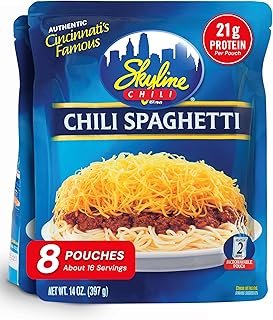 Skyline Chili & Spaghetti - Cincinnati Style - Authentic Recipe in Microwavable Pouches, Ideal for Cheese Coneys & Hot Dogs - Classic Flavor, Easy Meal Prep - 14 oz Each, Pack of 8