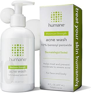 humane Benzoyl Peroxide Acne Body Wash - 10% Maximum-Strength Face, Skin, Butt, and Back Acne Treatment - 8 Fl Oz - Dermatologist-Tested Non-Foaming Acne Face Wash Cleanser - Vegan, Cruelty-Free