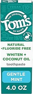 Tom's of Maine Whiten Plus Coconut Oil Fluoride Free Toothpaste, Natural Whitening Toothpaste with Coconut Oil and Plant-Based Cleansers, Whitens Without Causing Sensitivity, Gentle Mint, 4.0 Oz