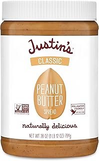 Justin's Classic Peanut Butter, Only Two Ingredients, Gluten-free, Non-GMO, Responsibly Sourced, 28 Ounce Jar (6 Pack)
