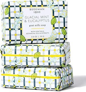 Beekman 1802 Glacial Mint & Eucalyptus 3-Pack Palm-Sized Bar Soap Set - Scented - 3.5 oz - Cleanses, Nourishes & Hydrates - Certified Microbiome Friendly - No Irritation - Good for Sensitive Skin