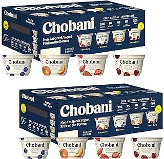 Chobani Nonfat Greek Yogurt With Fruit On The Bottom Variety Pack, Only Natural Ingredients with Four Different Flavors - 4 Strawberry, 4 Blueberry, 4 Peach and 4 Black Cherry - 2 Pack (16 ct. Each)