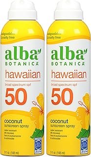 Alba Botanica Sunscreen Spray for Face and Body, Broad Spectrum SPF 50 Sunscreen, Hawaiian Coconut, Water Resistant and Biodegradable, 5 fl. oz. Bottle (Pack of 2)