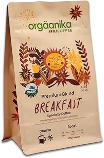 New Orgaanika Andes Breakfast 12oz | Gourmet Coffee Blend | Coarse Ground | Medium Roast | Specialty Organic | Best for French Press & Cold Brew Coffee, well balanced, bulletproof flavor, aroma and body. (bag 12oz.)