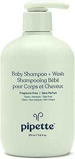 Pipette Baby Shampoo and Body Wash - Fragrance Free, Tear-Free Bath Time, Hypoallergenic, Moisturizing Plant-Derived Squalane, New Formula, 11.8 fl oz