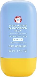 First Aid Beauty Hydrating Sunscreen Milk with Colloidal Oatmeal, Broad Spectrum SPF 45, Non-comedogenic SPF Formula Helps Nourish Skin with Organic UV Filters & Glycerin, 24-hour Hydration, 1.7 oz