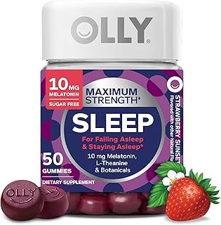 OLLY Max Strength Sleep Gummy, 10mg Melatonin, L-Theanine, Chamomile, Lemon Balm, Sugar Free, Vegetarian Sleep Aid, Strawberry - 50 Count