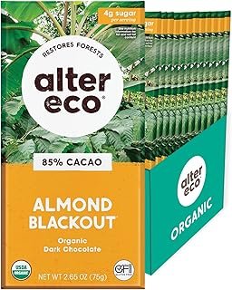 Alter Eco Chocolate Bars | Pure Dark Cocoa, Fair Trade, Organic, Non-GMO, Gluten Free (12-Pack Almond Blackout)