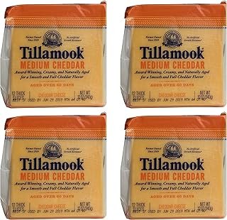 Tillamook Medium Cheddar Cheese 12 Thick Slices, 12 OZ (Pack of 4)