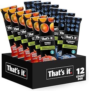 That's it. Probiotic Fruit Bar Variety Pack, Mango & Blueberry Flavors, Just Real Fruit + Probiotics, 100 Calories Per Bar, All Natural, 2-3 Ingredients, Shelf Stable, Allergy-Friendly (12 Count)