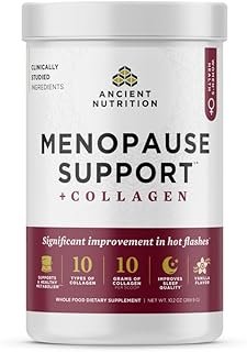 Ancient Nutrition Menopause Support + Collagen Powder, Hydrolyzed Collagen Peptides, Key Clinically Validated Superfoods, Significant Improvement in Hot Flashes and Sleep Quality, Vanilla, 25 Servings
