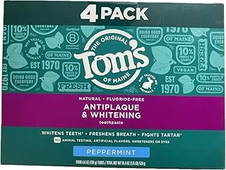Tom's of Maine* Antiplaque and Whitening Toothpaste (Natural, Fluoride-Free, Vegan, Halal, Kosher) 4.6 oz (4 Packs) Peppermint Flavor