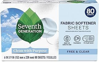 Seventh Generation Dryer Sheets Laundry Fabric Softener, Free & Clear Made for Sensitive Skin, 80 Sheets