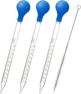 3 Pcs 10ml Glass Graduated Dropper Pipette Lab Dropper Glass Liquid Pipette with 1 Pcs Cleaning Brush and 2 Rubber Bulb Caps Lab Transfer Pipettes for Liquid Essential Oil