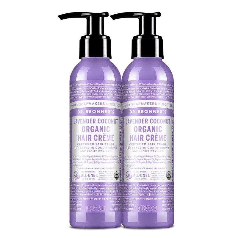 Dr. Bronner's Organic Hair Crème - Lavender Coconut, Leave-In Conditioner & Styling Cream, Made w/Organic Oils, Hair Cream Supports Shine & Strength, Nourishes Scalp, Non-GMO (6oz, 2-Pack)