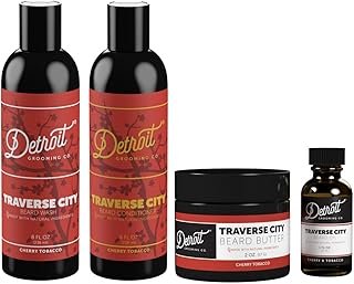 Detroit Grooming Co. Traverse City Beard Care Bundle – Beard Butter, Oil, Wash & Conditioner – Cherry & Tobacco Scent – Softer, Healthier Beard with Natural Ingredients