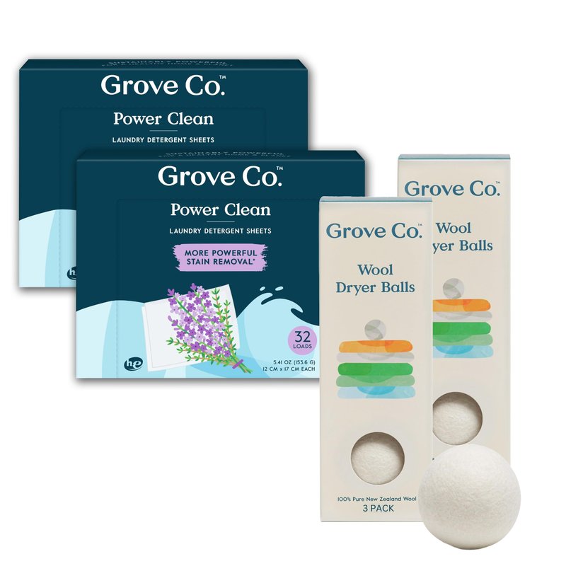 Grove Co. Laundry Detergent Sheets and Laundry Balls Bundle, Dissolving Washer Sheets (2 Pack - 64 Loads), Lavender Blossom & Thyme, 100% Wool Dryer Balls (2 Pack - 6 Balls), Unscented