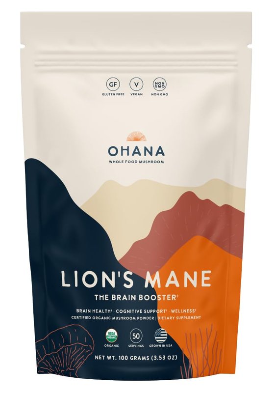 Ohana Lion’s Mane, Organic Mushrooms Powder Blend, USDA-Organic Whole Food Mushroom Supplement, Non-GMO, Gluten-Free, 3.53 oz Bag, Pack of 1