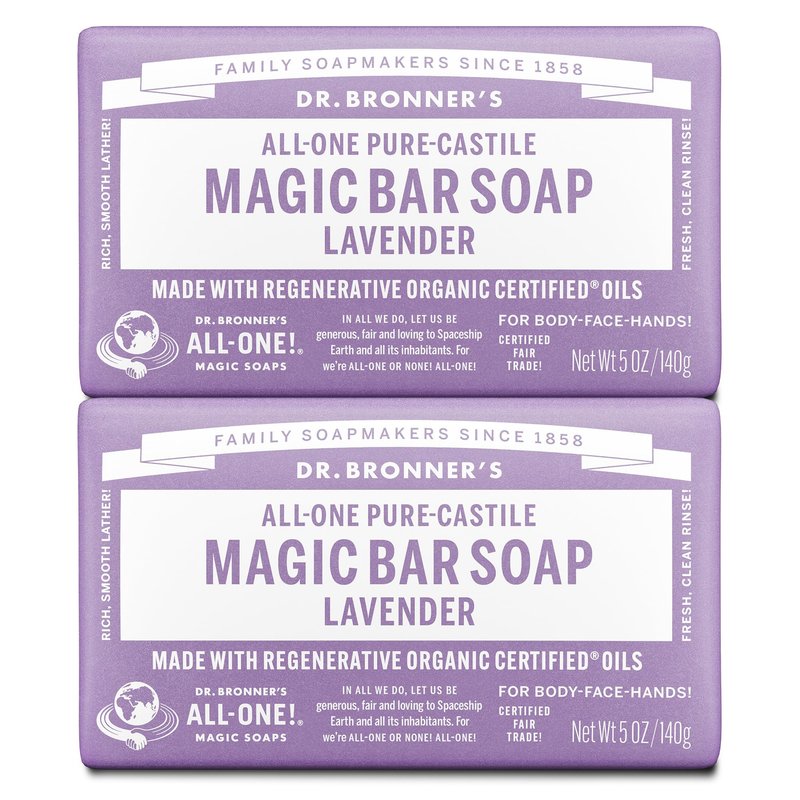 Dr. Bronner's Pure-Castile Magic Bar Soap - Made with Regenerative Organic Certified Oils - For Face, Body, Hair- Gentle on Sensitive Skin - Vegan Soap Bars for Men & Women - Lavender, 2 Pack, 5oz