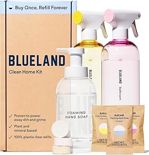 BLUELAND Clean Home Kit, 3 Reusable Bottles with 3 Tablets, Makes 1 Bottle Each of Foaming Hand Soap, Multi-surface Cleaner, Bathroom Cleaner