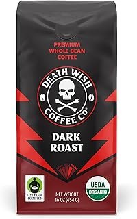 Death Wish Coffee Organic and Fair Trade Dark Roast Whole Bean Coffee, 16 oz