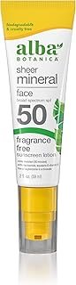 Alba Botanica Sunscreen for Face, Fragrance-Free Sheer Mineral Face Sunscreen Lotion, Broad Spectrum SPF 50, Water Resistant and Biodegradable, 2 fl. oz. Bottle (Packaging May Vary)