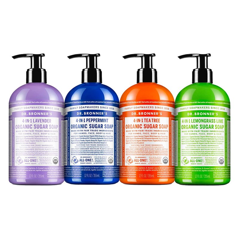 Dr. Bronner's Organic Sugar Soap (12 oz Variety Pack) Lavender, Peppermint, Tea Tree, & Lemongrass - Made with Organic Oils, Sugar & Shikakai Powder, 4-in-1 Use: Hands, Body, Face & Hair | 4 Count