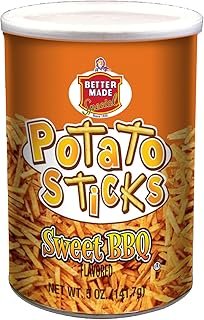 Better Made Potato Sticks 5oz Canister - Shoestring Potato Sticks - Gluten Free - Crunchy, Crispy Snack from Fresh Potatoes - Resealable Lid (Sweet BBQ, Single Can)