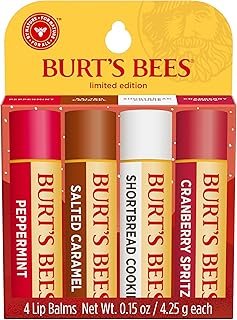 Burt's Bees Lip Balm, 100% Natural Origin, Peppermint, Salted Caramel, Shortbread Cookie and Cranberry Spritz Moisturizing Lip Balms (4-Pack)