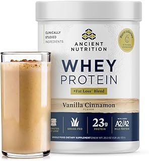 Ancient Nutrition Grass Fed Whey Protein + Fat Loss Blend, Vanilla Cinnamon, 23g Protein, Promotes Fat Loss and Boost Metabolism, Organic Regenerative A2/A2 Milk Protein,18 Servings
