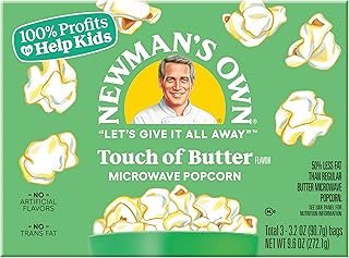 Newman's Own Microwave Popcorn - Touch of Butter | Kosher | Made with Whole Grain Popcorn | No Artificial Flavors | No Trans Fats | 3.2 oz Bag, 3 Bags Per Box (12 Boxes, 36 Bags Total)