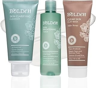 BOLDEN Face Care Pack of 3 Bundle – Clay Mask with Sulfur, Clarifying Cleanser & Brightening Toner with Glycolic Acid, Niacinamide & Hyaluronic Acid – Skincare Set for Oily & Sensitive Skin