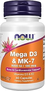 NOW Foods Supplements, Mega D-3 & MK-7 with Vitamins D-3 & K-2, 5,000 IU/180 mcg, Bone & Cardiovascular Support*, 60 Veg Capsules