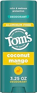 Tom’s of Maine Coconut Mango Aluminum Free Natural Deodorant For Women & Men | Goes on Clear | Odor & Wetness Protection | Naturally Derived and Moisture-Locking Ingredients | 3.25 oz