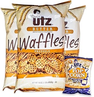 Utz Butter Waffles Pretzels (3, 16oz bags) - Variety Pack - Utz White Cheddar Cheese Popcorn (1, 2.5oz bag) - 4 Bags Total