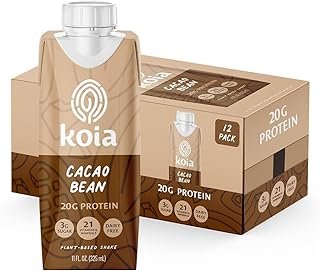 Koia Plant Based Protein Shake, Cacao Bean, 20g Protein, 3g Sugar, 6g Prebiotic Fiber, 21 Vitamins & Minerals, Meal Replacement Drinks, Dairy-Free, Gluten-Free, Non-GMO, 11 Fl Oz (Pack of 12)