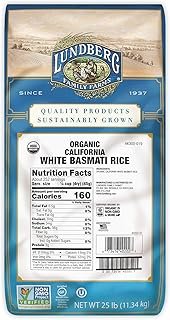 Lundberg Family Farms - Organic California White Basmati Rice, Pleasant Aroma, Fluffy Texture, Won't Clump When Cooked, Bulk Rice, Gluten-Free, Non-GMO, USDA Certified Organic, Vegan, Kosher (25 lb)