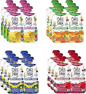 Once Upon a Farm Immunity Blend | Apple, Cherry & Elderberry, Mango, Banana & Spirulina, Pineapple, Banana & Dragon Fruit, Pineapple | No Added Sugar | Variety Pack of 24