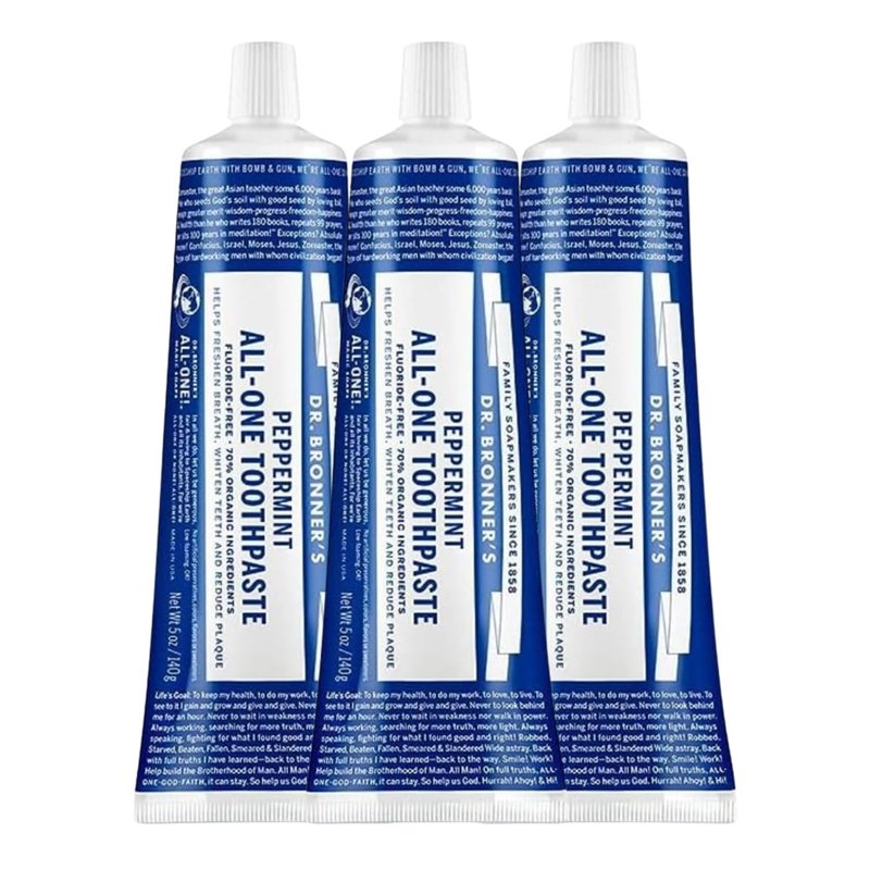Dr. Bronner’s All-One Toothpaste Pack of 3– Peppermint, 5 oz– Fluoride-Free Toothpaste for Adults, SLS-Free, 70% Organic & Natural Ingredients, Vegan, Helps Freshen Breath & Reduce Plaque