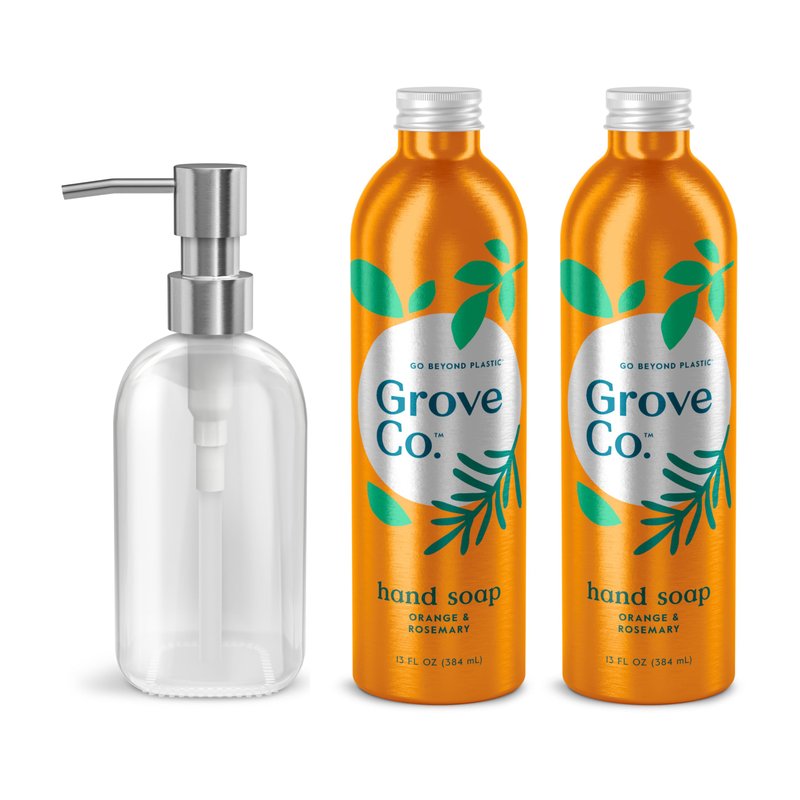 Grove Co. Hydrating Gel Hand Soap Refills (2 x 13 Fl Oz) + 1 x Reuseable Glass Soap Dispenser, Plastic-Free & Liquid Refillable Starter Kit, Natural Orange & Rosemary Fragrance