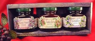 Jam & Jelly 3 different 5oz Jar Handcrafted Gift Crate, this Set is from Huckleberry Haven and features Chokecherry Jelly, Huckleberry Jam and Rasy-Huck Jam