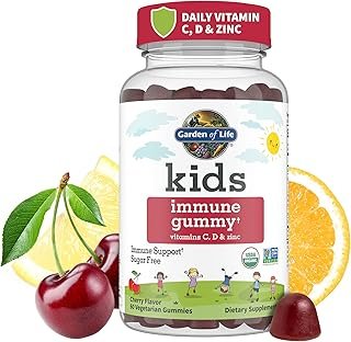 Garden of Life Kids Immune Support Gummies with Vitamin C, D as D3 & Zinc for 3-in-1 Daily Children’s Immunity – Organic, Non-GMO, Gluten-Free, Vegetarian, Sugar Free, Cherry Flavor, 30 Day Supply
