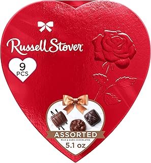 Russell Stover Valentine's Day Red Foil Heart Assorted Milk & Dark Chocolate Gift Box, 5.1 oz. (9 pieces)