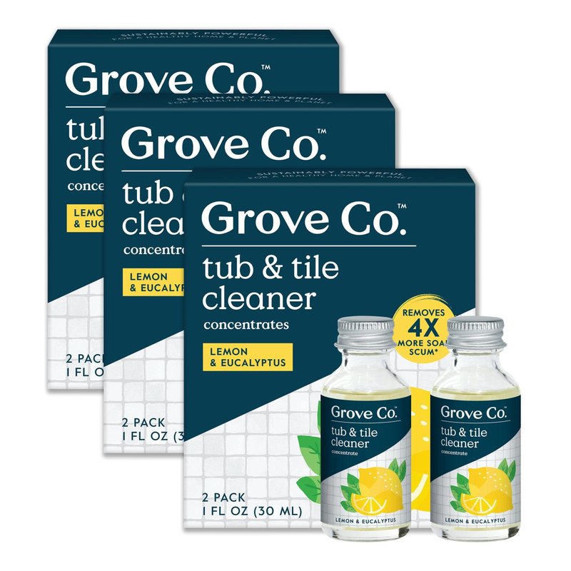 Grove Co. Tub and Tile Cleaner, Refill Concentrate (6 x 1 Fl Oz) Plant-Based Household Cleaning Supplies, No Plastic Waste, 100% Natural Lemon & Eucalyptus Fragrance, 3 x 2 Pack Refills
