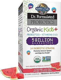 Garden of Life Kids Probiotics, Dr. Formulated Probiotics Organic Kids+ Vitamin C & D, Watermelon, Gluten Dairy & Soy Free Immune & Digestive Health Supplement, 30 Chewables