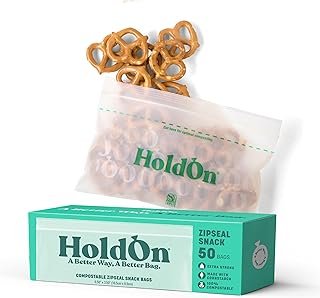 HoldOn Zipseal Snack Bags – Compostable, PFOA-Free, BPA-Free, Food-Safe, Freezer-Safe Zip Seal Food Storage Bags With Secure Seal for Snacks, Home & Travel (50 bags total)