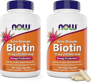 NOW Foods Extra Strength Biotin 10,000mcg / 10 mg - 200 Veg Capsules (Pack of 2) - Hair, Skin, Nail - Supplement for Men and Women - B7 Vitamin - Vegetarian, Vegan, Non-GMO