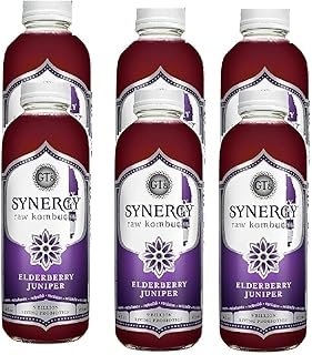 Box with Kombucha Synergy GT's Living Foods Synergy Elderberry Juniper Kombucha, 16 oz per Bottle (Total 6 Bottles)