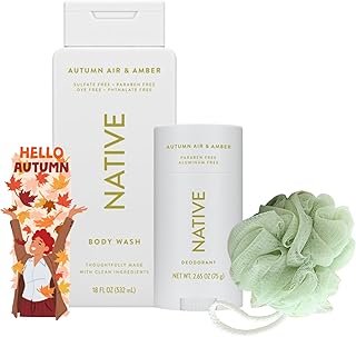 Native Limited Edition - 18oz Body Wash & 2.5 oz Deodorant and VicVan Bath Sponge Bundle (Autumn Air & Amber)
